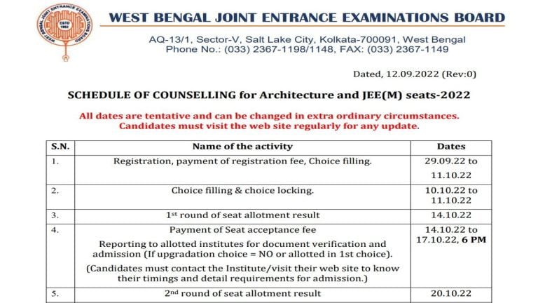 West Bengal WBJEEB Announces Counselling Dates For JEE Main 2022 Candidates