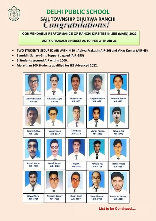 Know DPS Ranchi JEE main 2022 Topper and Top 10 rankers