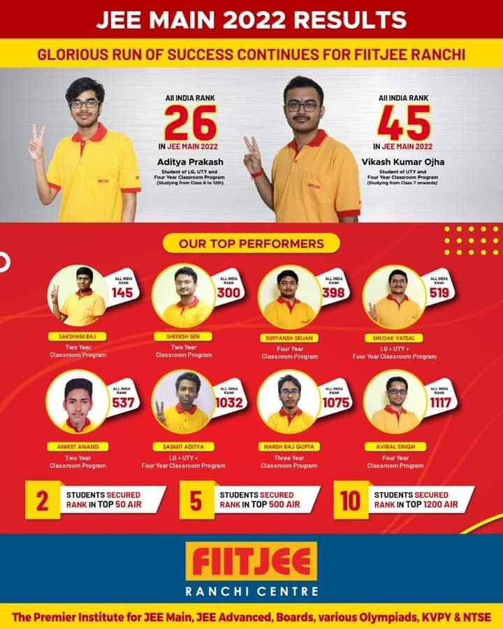 Know FIITJEE Ranchi JEE main 2022 Topper and Top 10 rankers