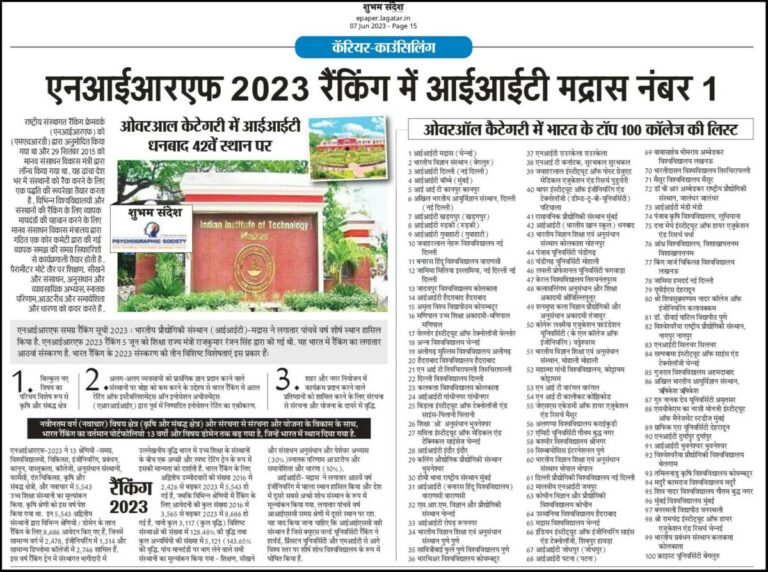 Psychographic Society - एनआईआरएफ 2023 रैंकिंग में आई आई टी मद्रास नंबर 1, ओवरआल केटेगरी में आईआईटी धनबाद 43 वें स्थान पर एनआईआरएफ 2023 रैंकिंग में आई आई टी मद्रास नंबर 1, ओवरआल केटेगरी में आईआईटी धनबाद 43 वें स्थान पर