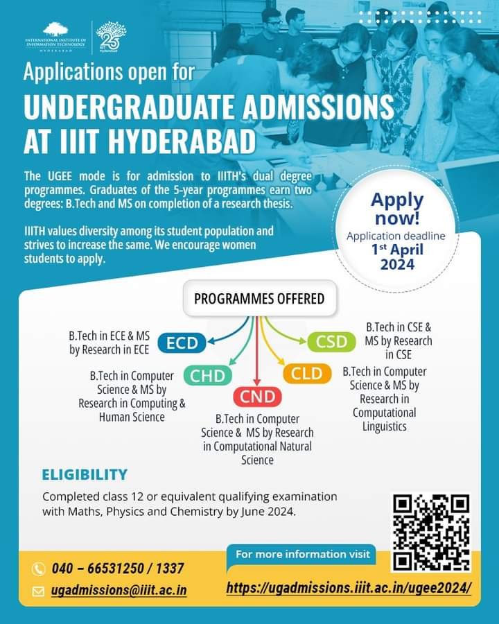 Admissions are now open to IIITH’s UGEE mode of admission to its dual degree programmes